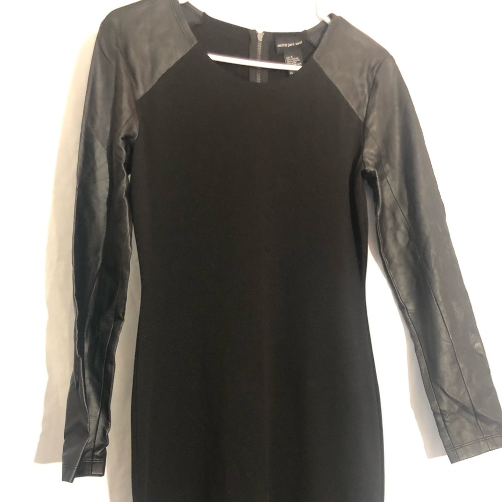 Black dress with leather sleeves.